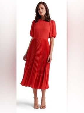 Ever New Red Pleated Midi Dress with Puff Sleeves Size 10 NWT